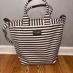 henri bendel Black and White Striped Canvas Tote with Olive Trim